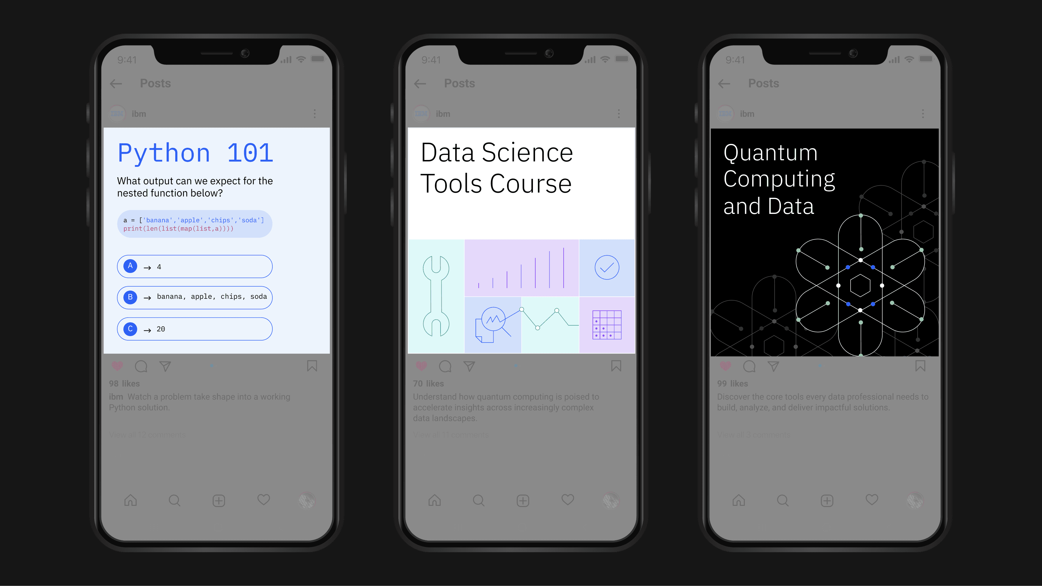 3 phone screens with information about data science